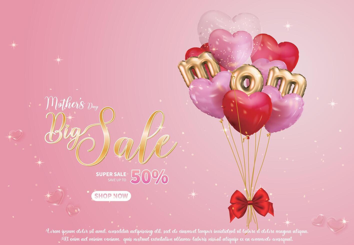Pink Mother's Day sale background with heart and MOM letter balloons vector