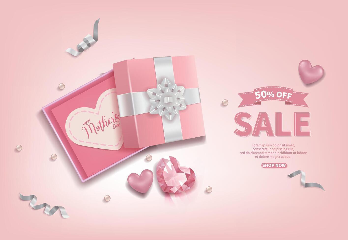 Pink Mother's Day sale banner with opened gift box and heart vector