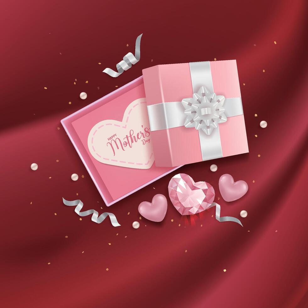 Open gift box and heart on red background, Happy Mother's Day vector