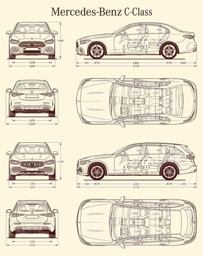 Mercedes Benz C Class 2021 car blueprint vector