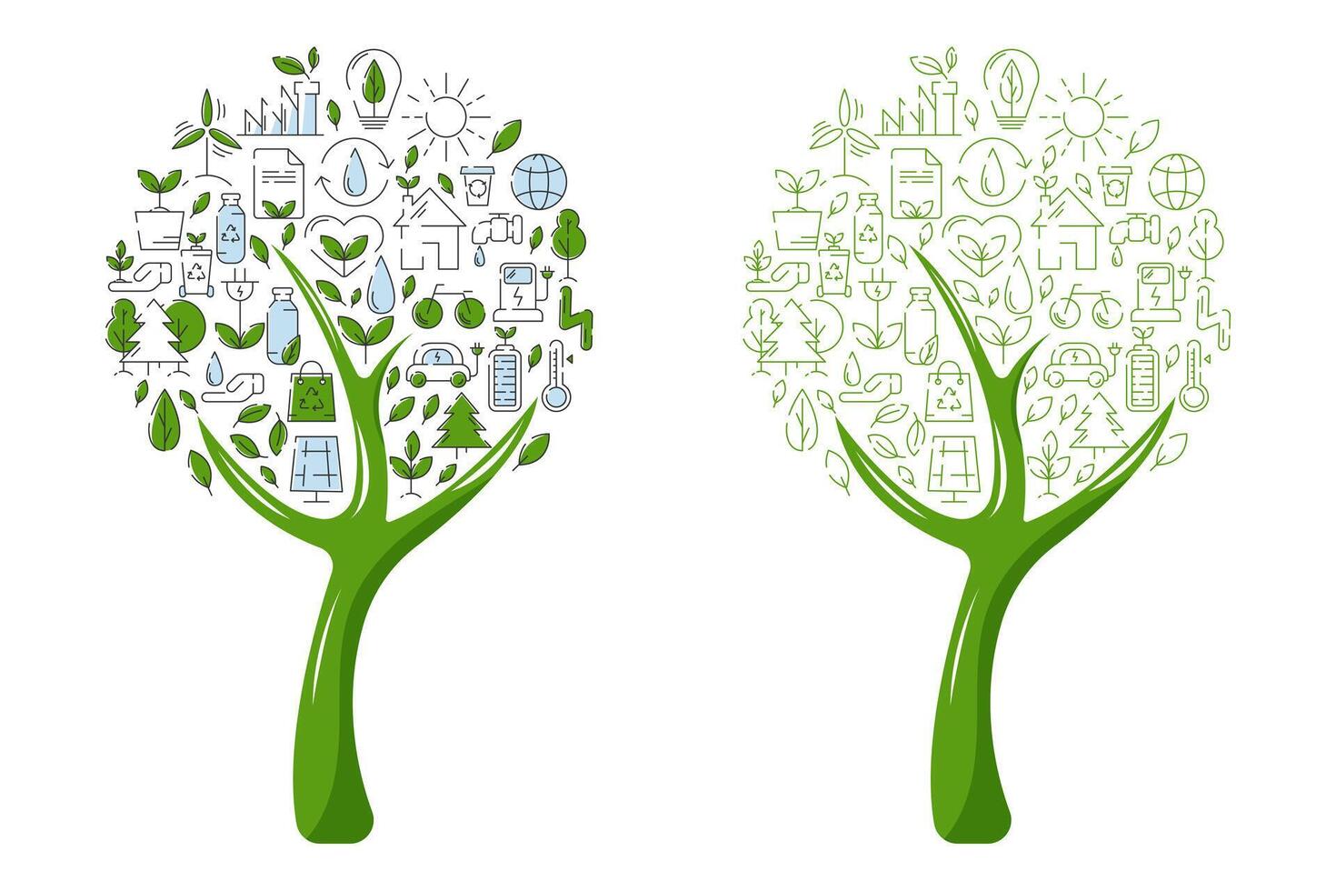 Green eco friendly tree filled with ecology icons and signs. Vector illustration, design element. Ecology concept, recycling sustainability, renewable energy, net zero emissions by 2050
