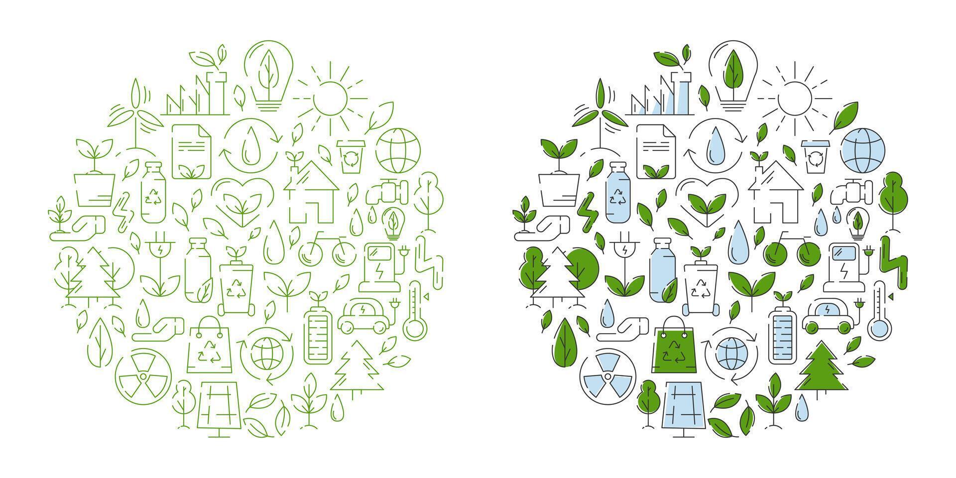 Ecology, line icons design, round form. Ecology environment improvement, sustainability, recycle, renewable energy, nature. Eco friendly vector illustration. Concept of net zero emissions by 2050.