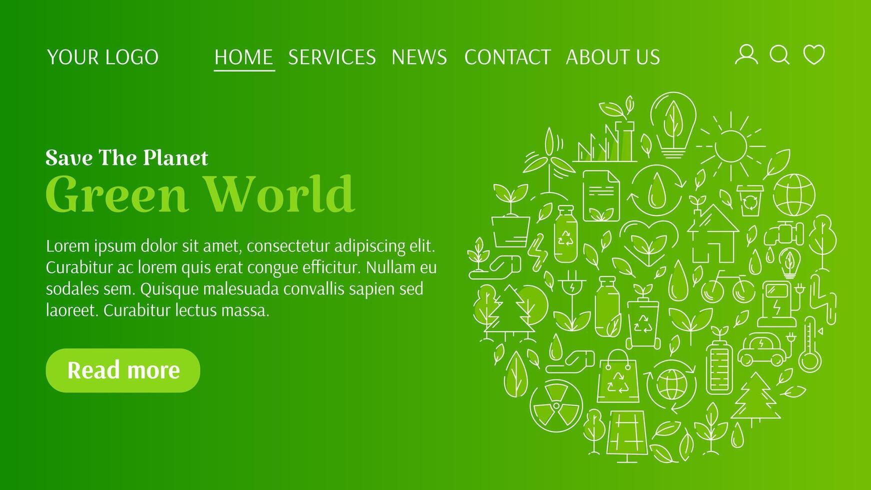 ecología modelo para sitio web, circulo con línea iconos, texto verde mundo. salvar el planeta concepto, ecología ambiente mejora, sostenibilidad, reciclar, renovable energía. para bandera, aterrizaje página vector