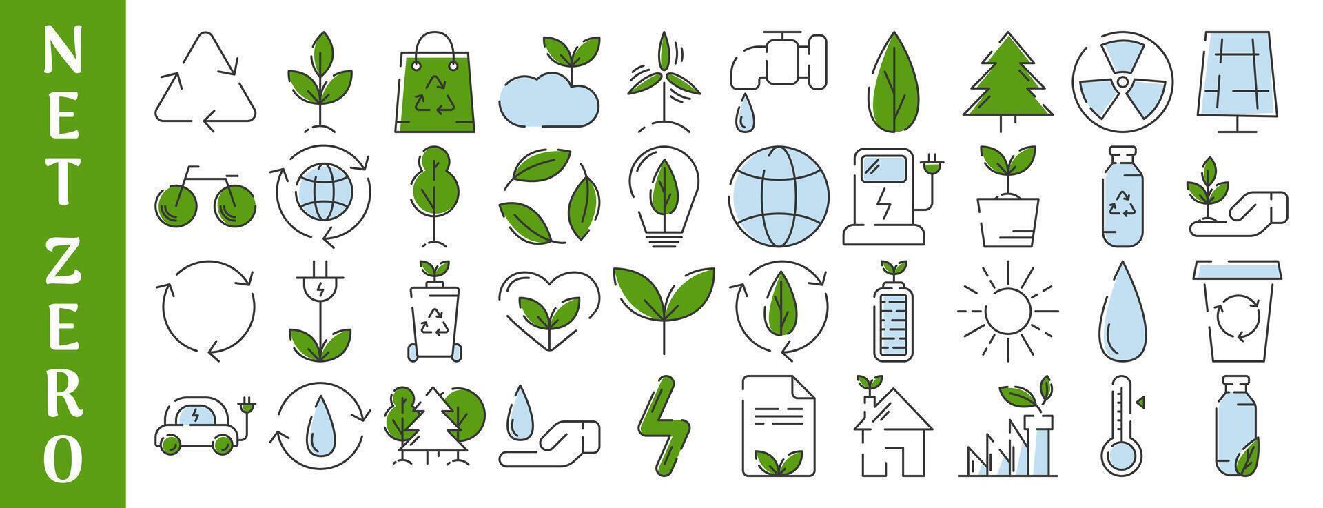 Ecology and green energy, ESG icon set. Editable stroke. Eco friendly vector isolated colorful sign. Concept of net zero emissions by 2050. Ecology environment improvement, recycle, renewable energy