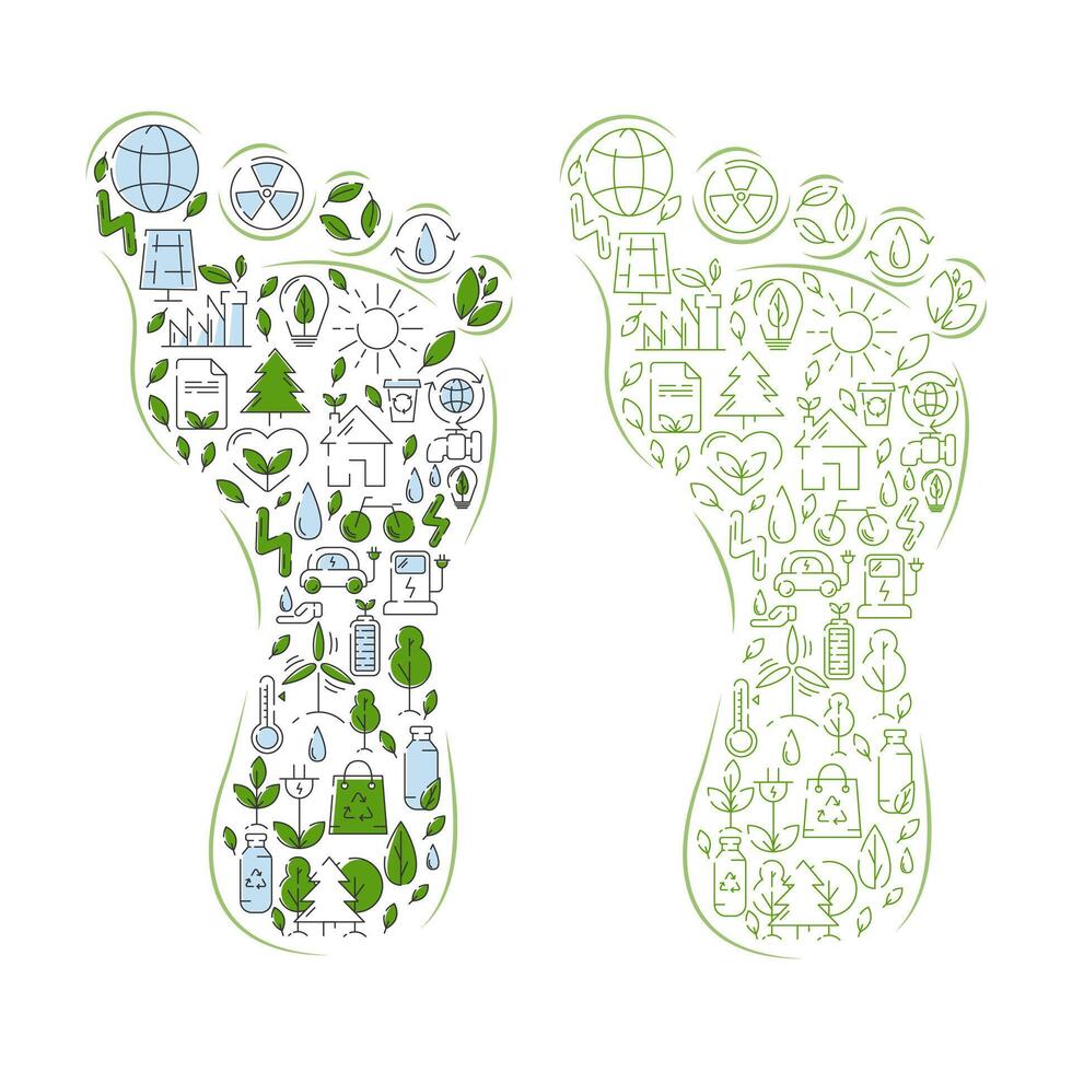 Green eco friendly footprint filled with ecology icons. Reduce carbon footprint, vector illustration. Ecology concept, recycling sustainability, renewable energy, net zero emissions by 2050