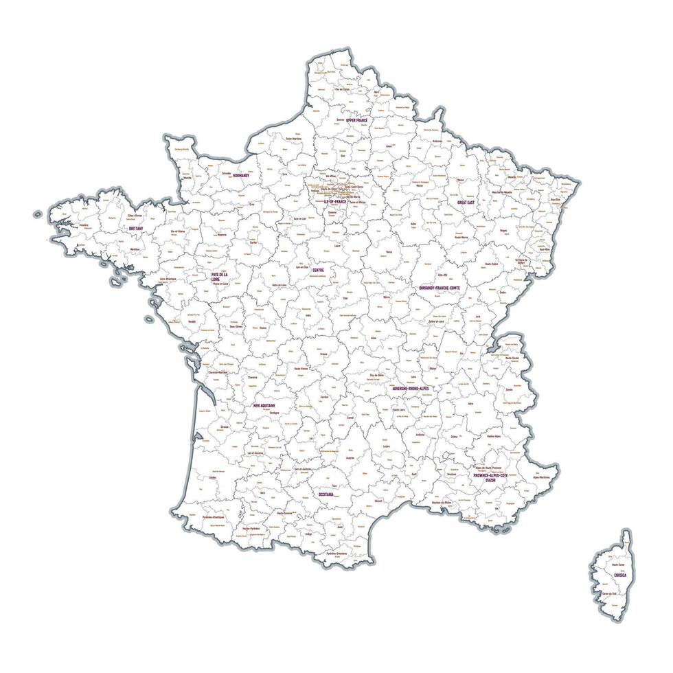 Administrative outline map of France showing regions, provinces vector