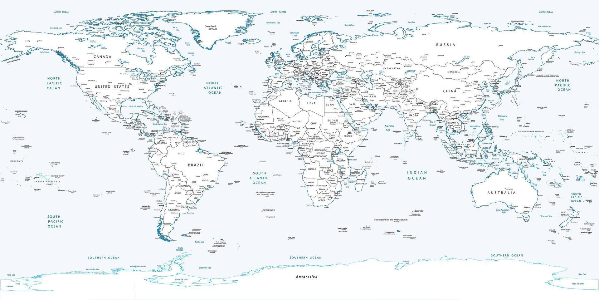 Political simple outline world map Equirectangular projection vector