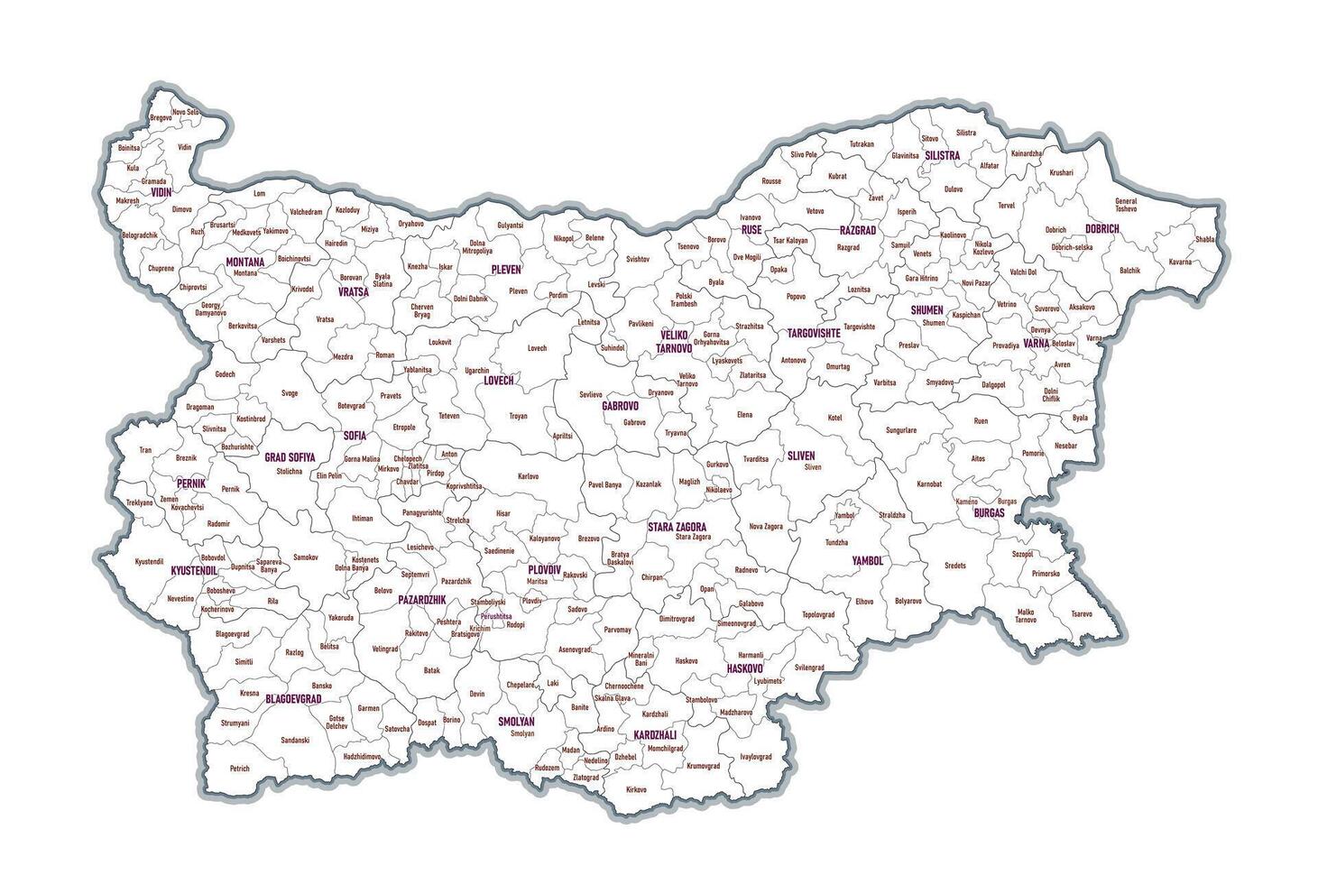 Administrative outline map of Bulgaria showing regions provinces vector