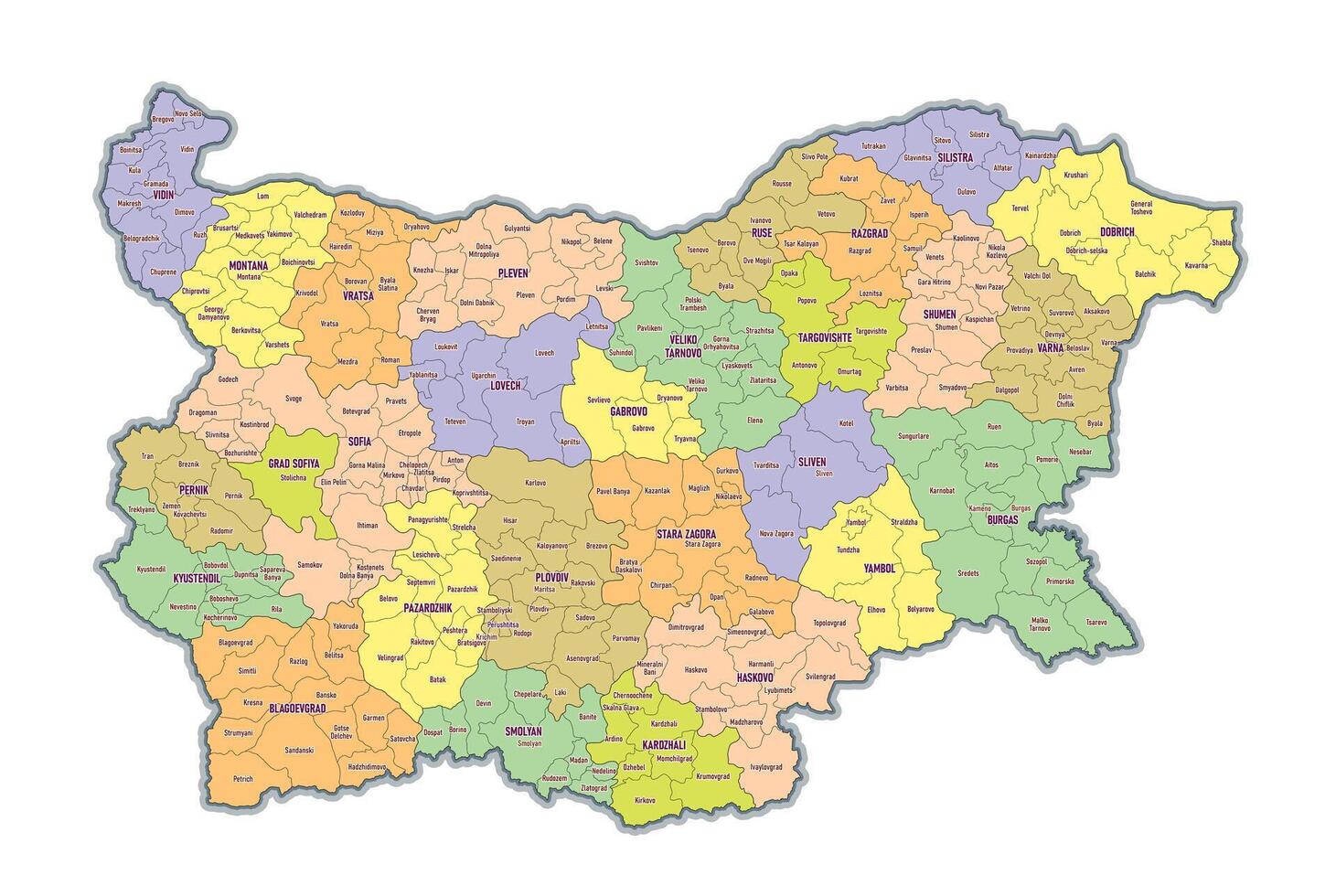 Administrative map of Bulgaria showing regions provinces vector