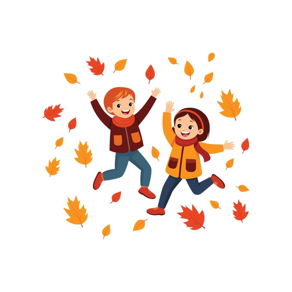 Flat Illustration of Kids Playing in Piles of Leaves for Thanksgiving Theme Illustration, Isolated on a White Background. vector