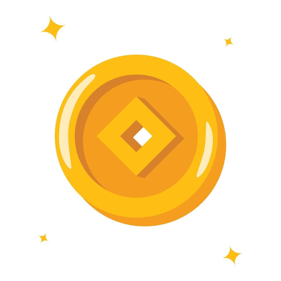 Chinese Gold Coin Flat Design Illustration Vector Isolated on a White Background.