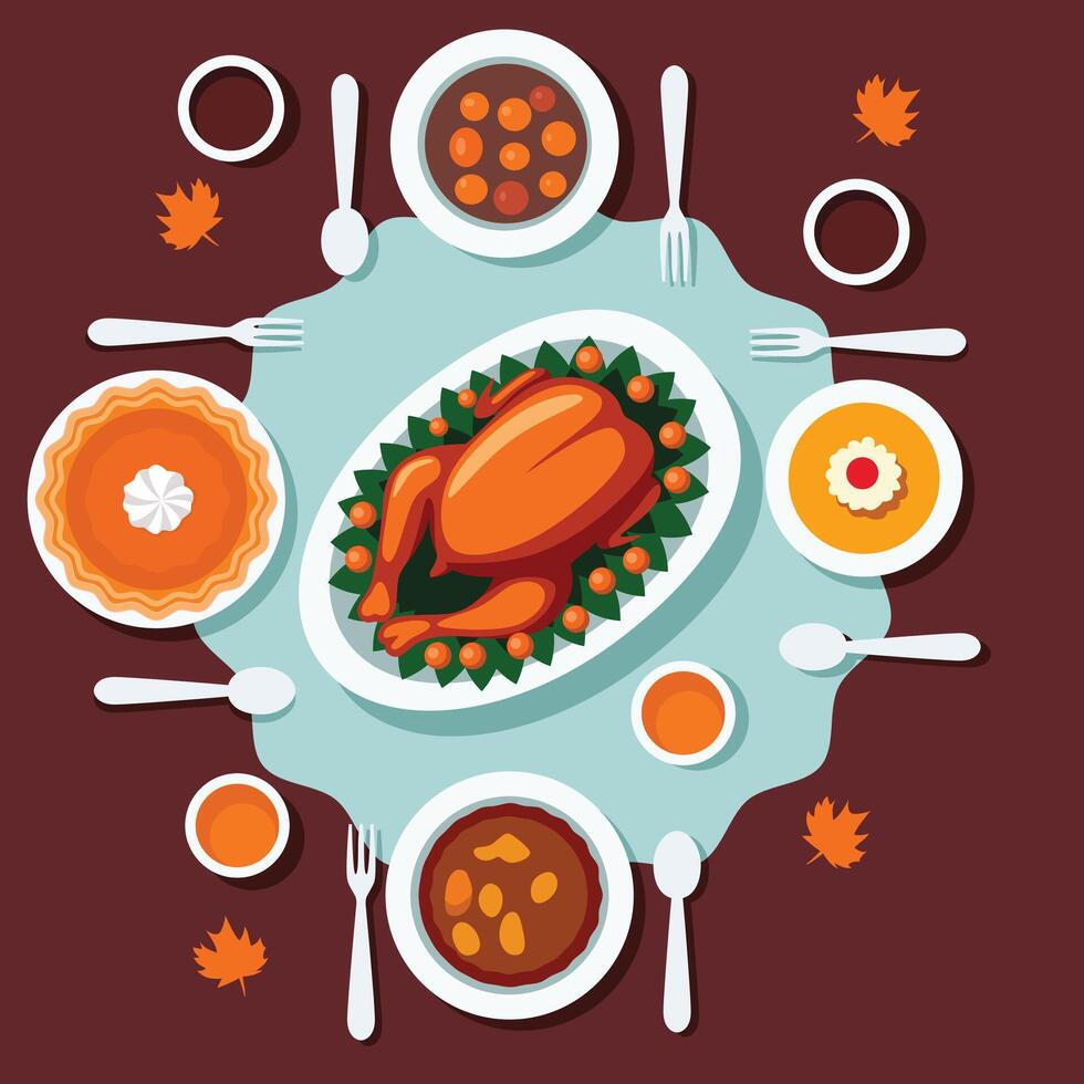 Flat Illustration of Festive Thanksgiving Dinner Table for Thanksgiving Theme Illustration. vector