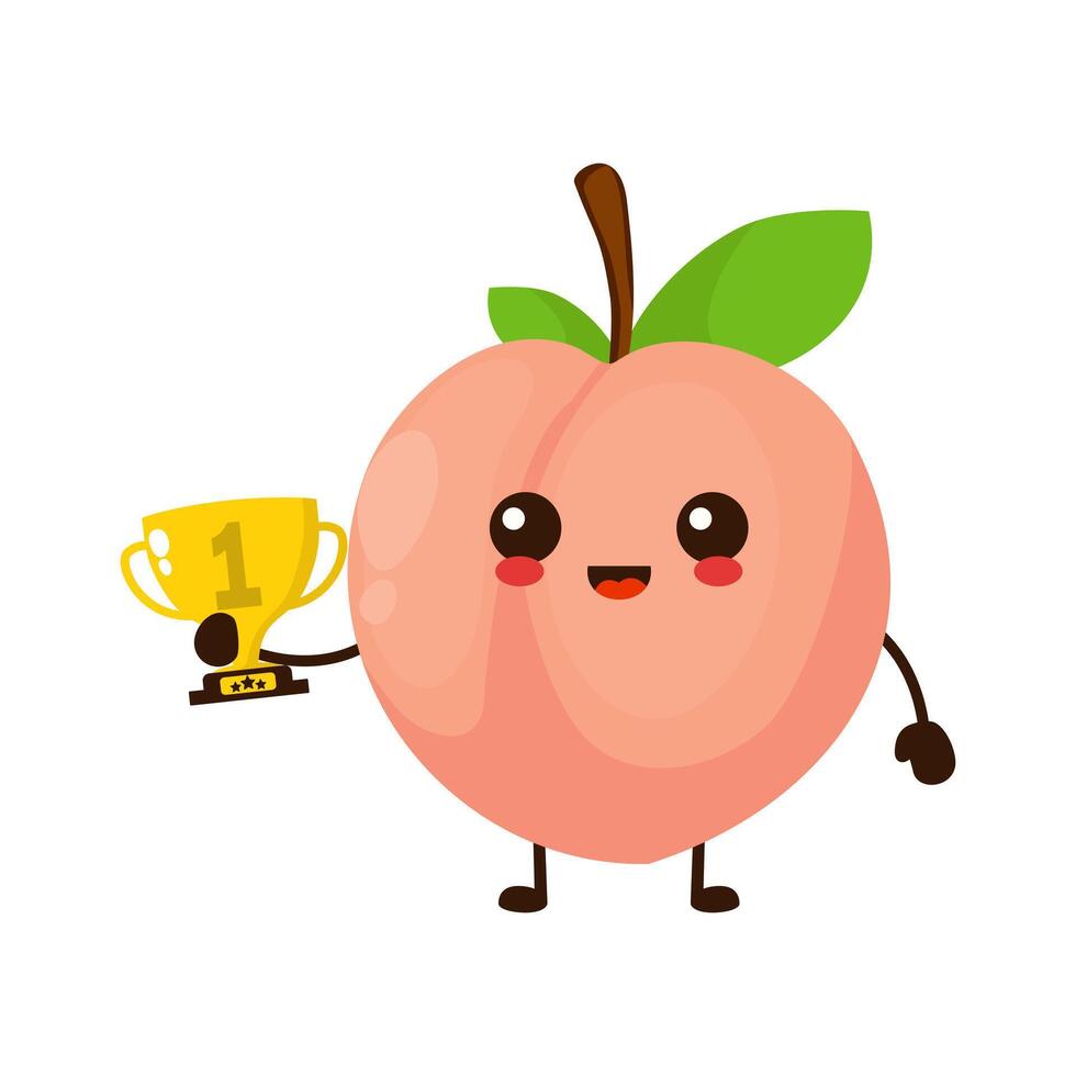 Cute happy peach fruit with gold trophy. Vector flat fruit cartoon character illustration icon design