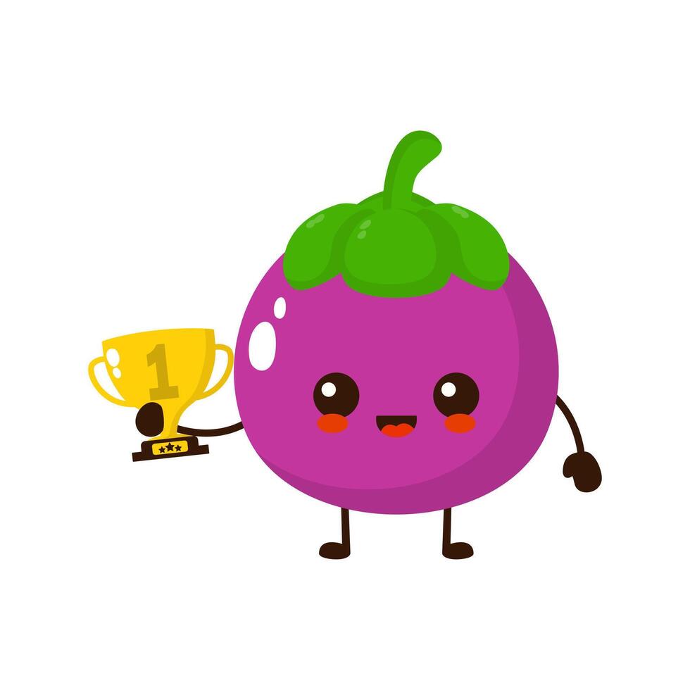 Cute happy mangosteen fruit with gold trophy. Vector flat fruit cartoon character illustration icon design