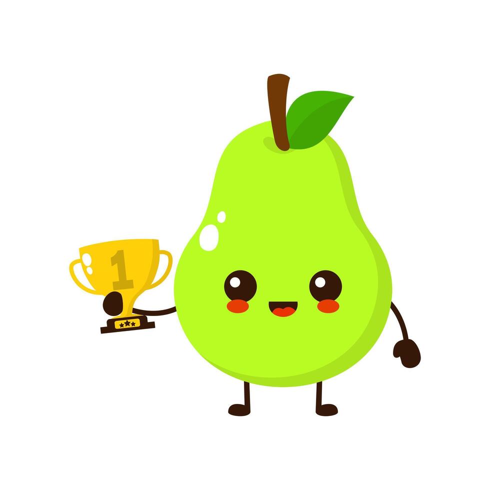 Cute happy pear fruit with gold trophy. Vector flat fruit cartoon character illustration icon design