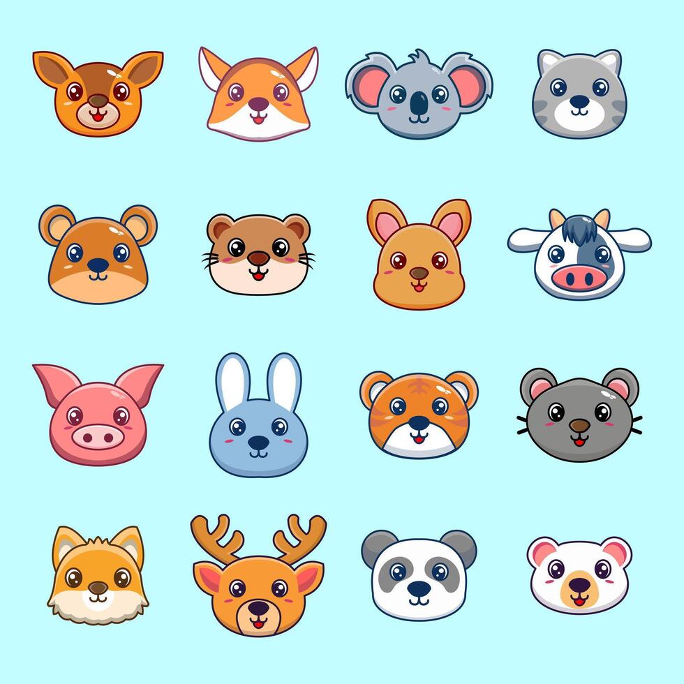 Cute collection of kawaii animals heads by hand drawn style vector