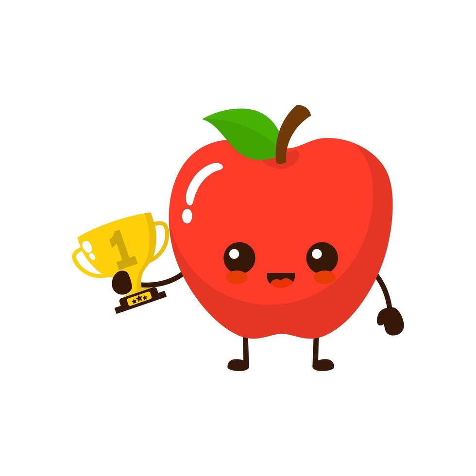 Cute happy apple fruit with gold trophy. Vector flat fruit cartoon character illustration icon design