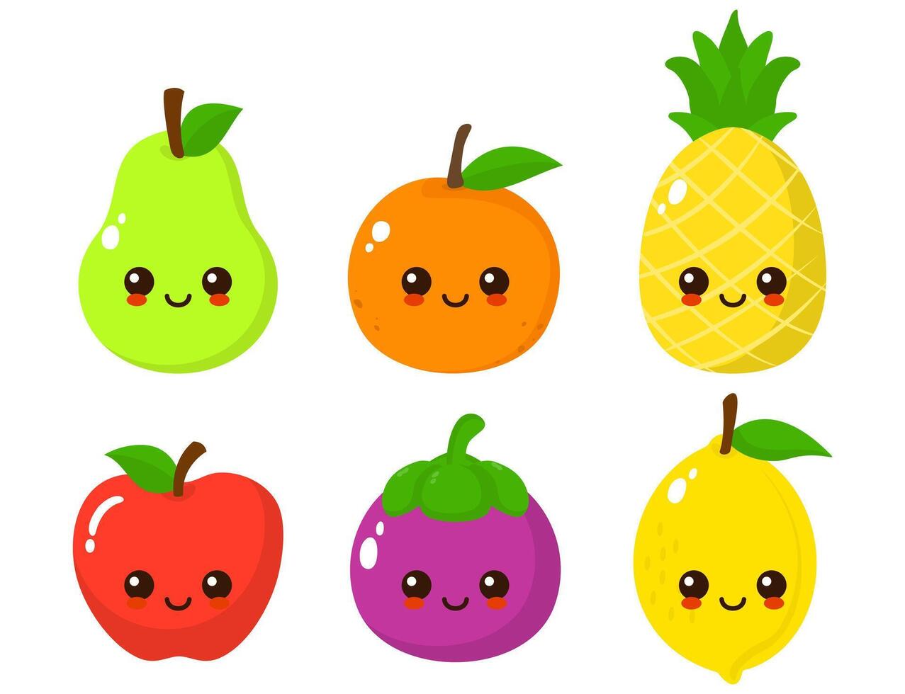 Cute happy smiling fruit face set flat cartoon character illustration collection vector