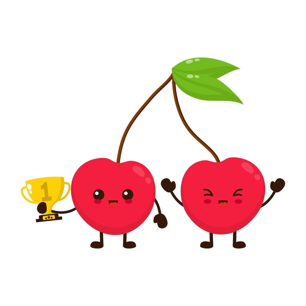 Cute happy cherry fruit with gold trophy. Vector flat fruit cartoon character illustration icon design
