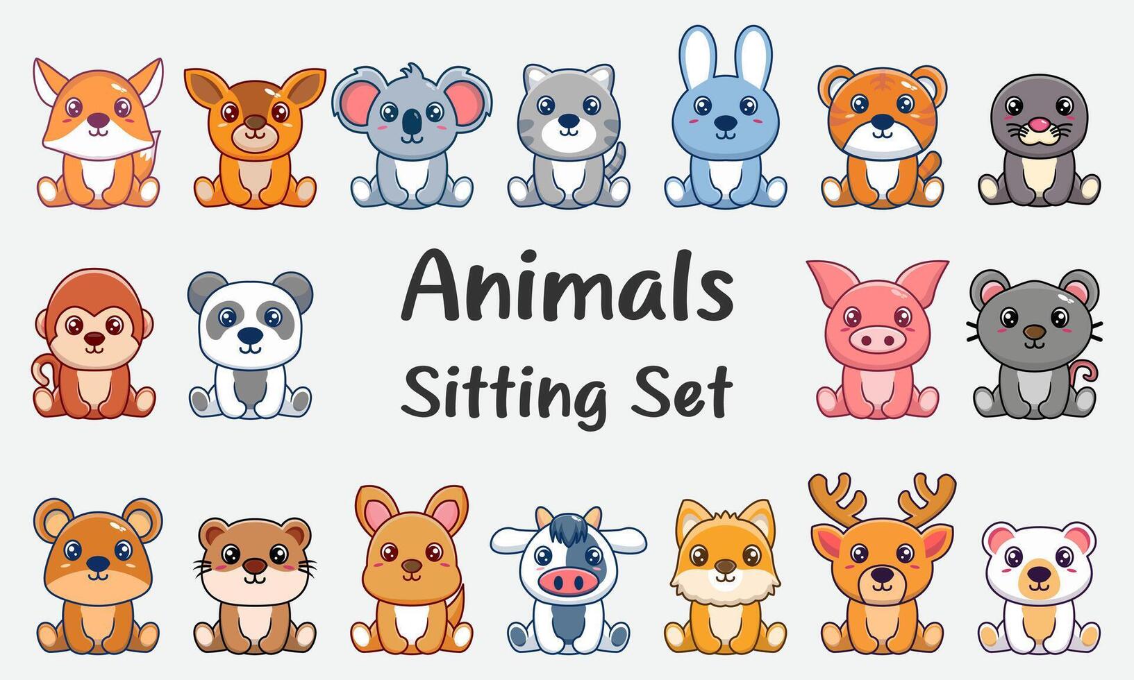 Hand drawn cartoon character animals sitting collection vector