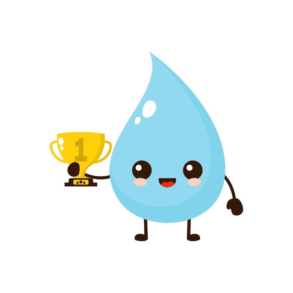 Cute happy water drop with gold trophy. Vector flat fruit cartoon character illustration icon design