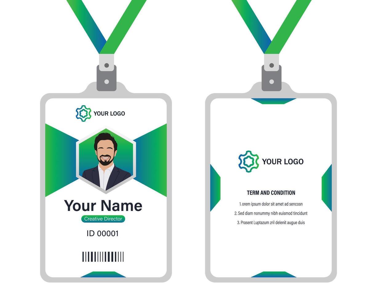 professional corporate id card template, clean green id card design with realistic mockup vector