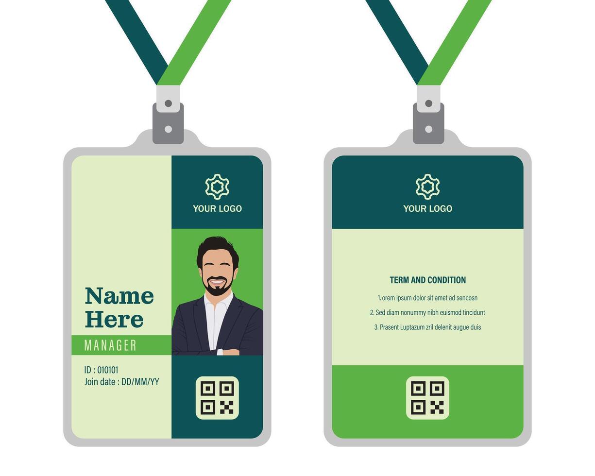 professional corporate id card template, clean green id card design with realistic mockup vector