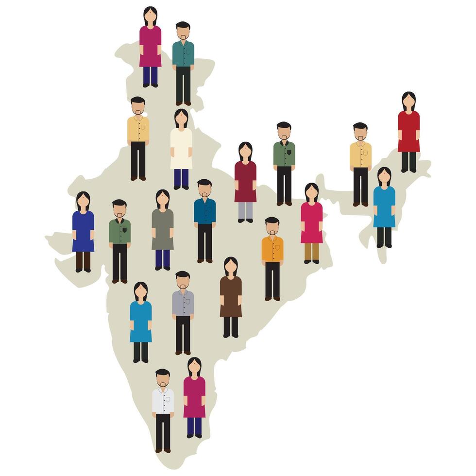 massive group of people standing on Indian Map represent the population of Indian country , vector illustration , could be used as Background for presentation