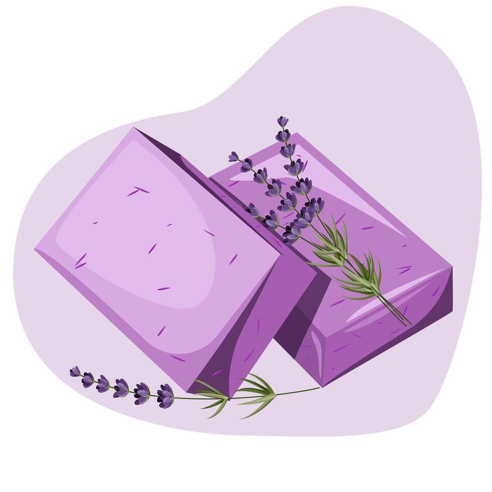 Handmade natural organic lavender soap bars with  lavender sprigs in cartoon flat style. Cosmetic product for hygienic cleanser skincare and washing hands.Vector illustration vector