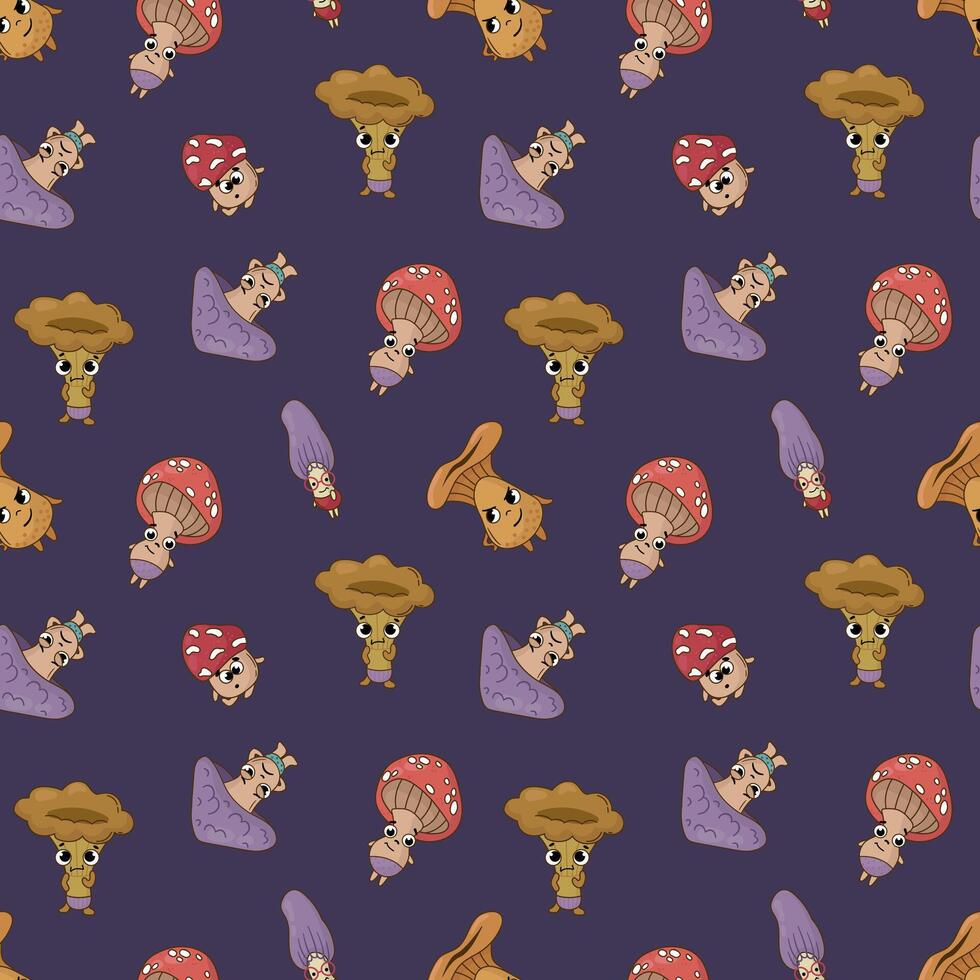 Seamless pattern with mushroom characters. Design for fabric, textile, wallpaper, packaging. vector