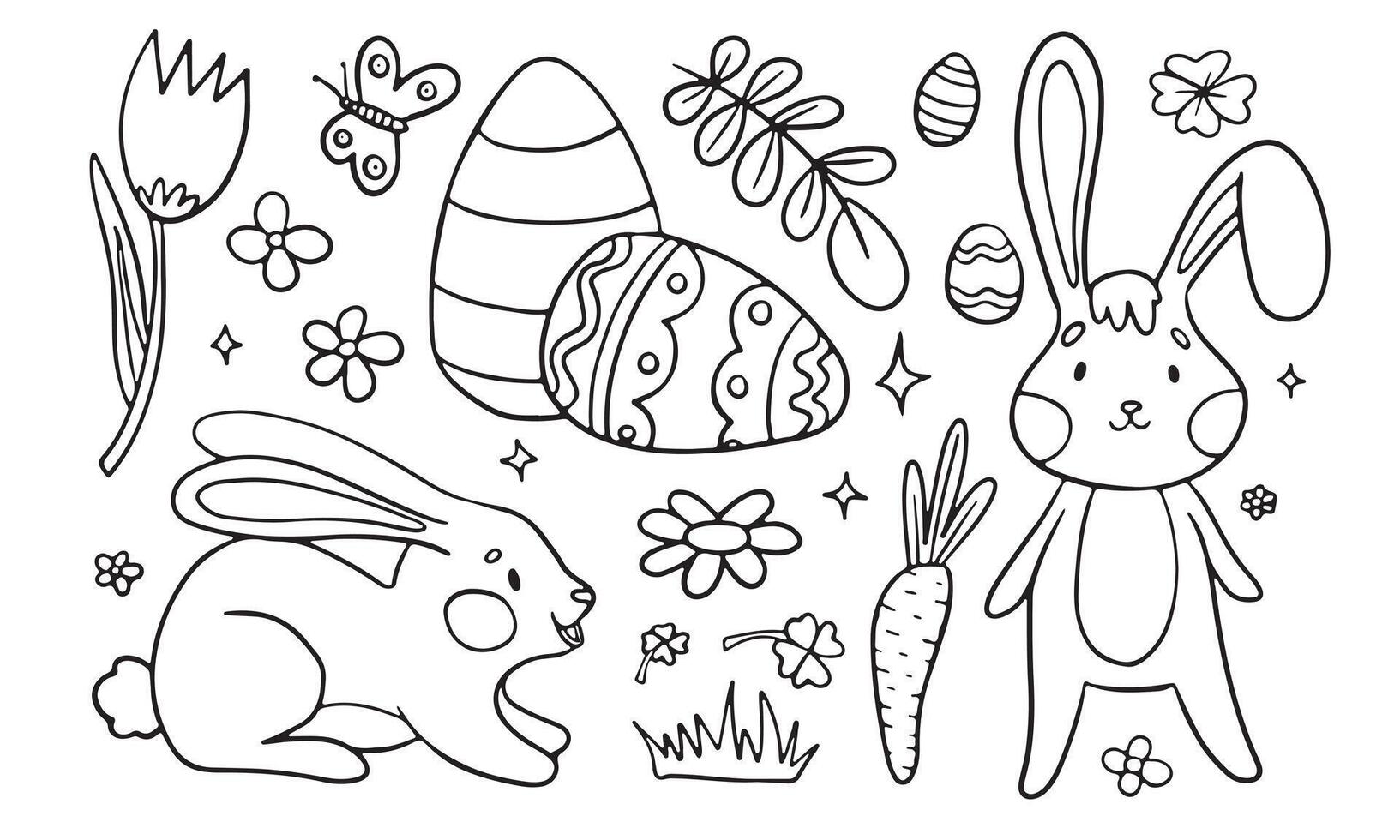 Child-friendly Easter line art featuring bunnies, eggs, flowers, and a butterfly, perfect for coloring activities and holiday fun vector