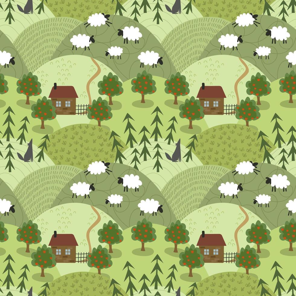 Sheep in the meadow, forest with a wolf. Seamless pattern. Vector illustration