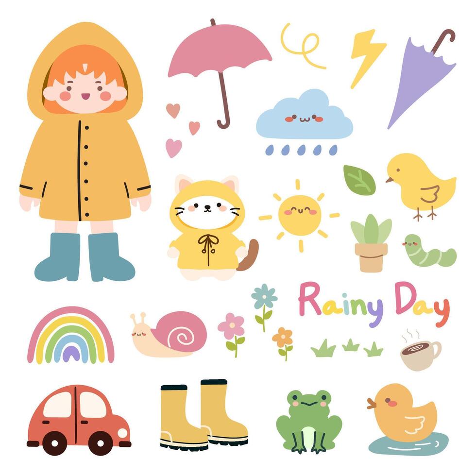 A cute rainy season illustration material set such as umbrellas, a smiling girl in a yellow raincoat,  rainbows and other  elements. Cartoon flat vector set.