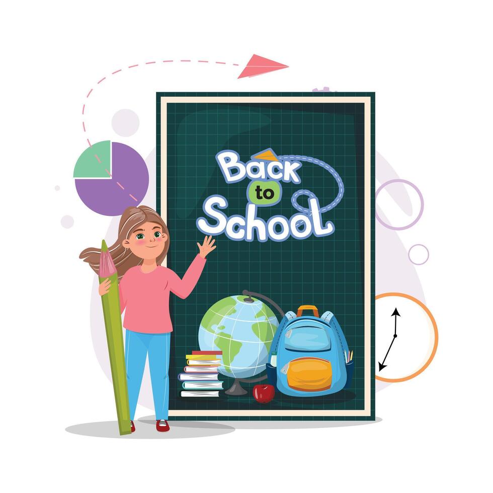 Back to School illustration with a cute girl standing with a big pencil next to the green grid school board vector
