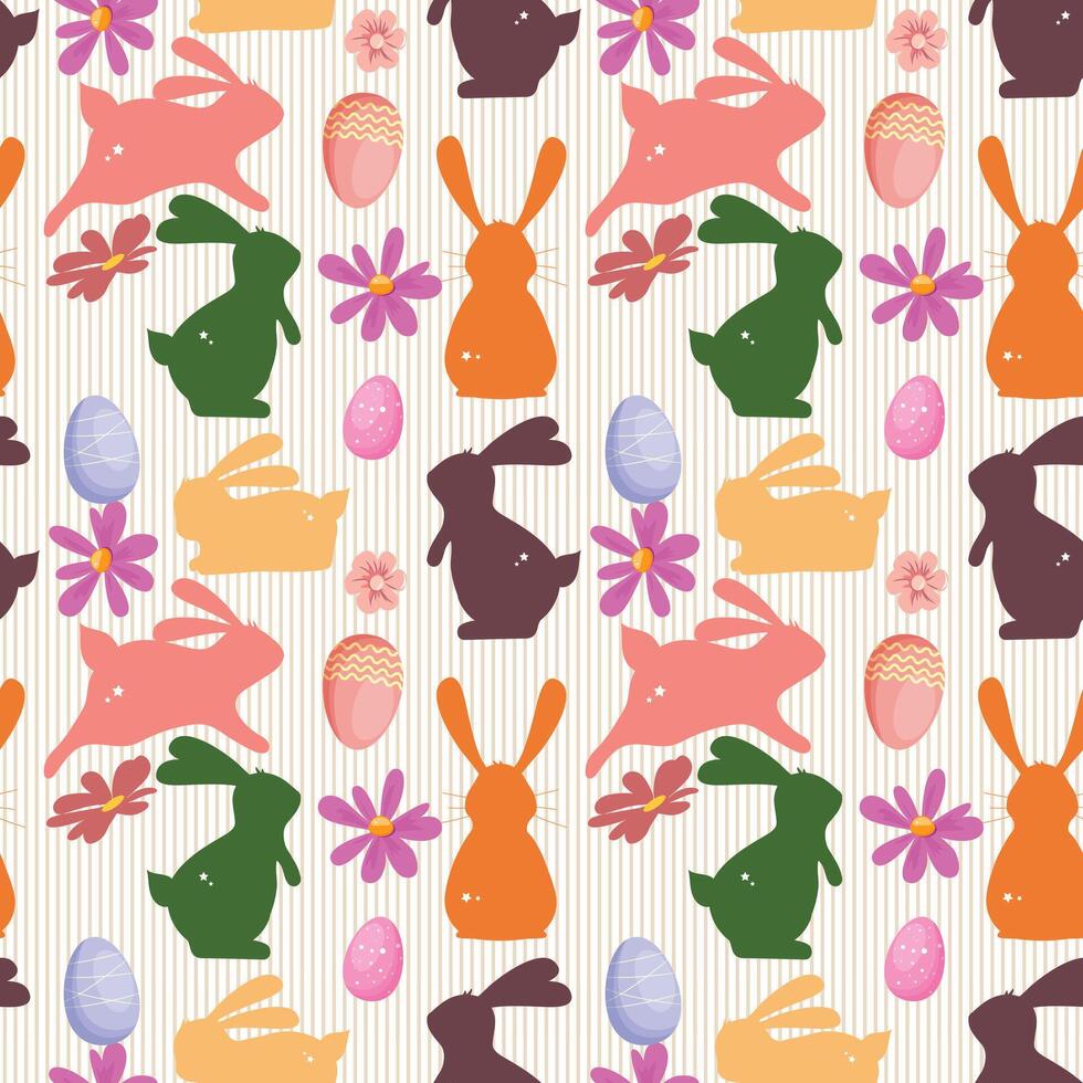 Easter seamless pattern with rabbits, flowers and eggs on striped background vector