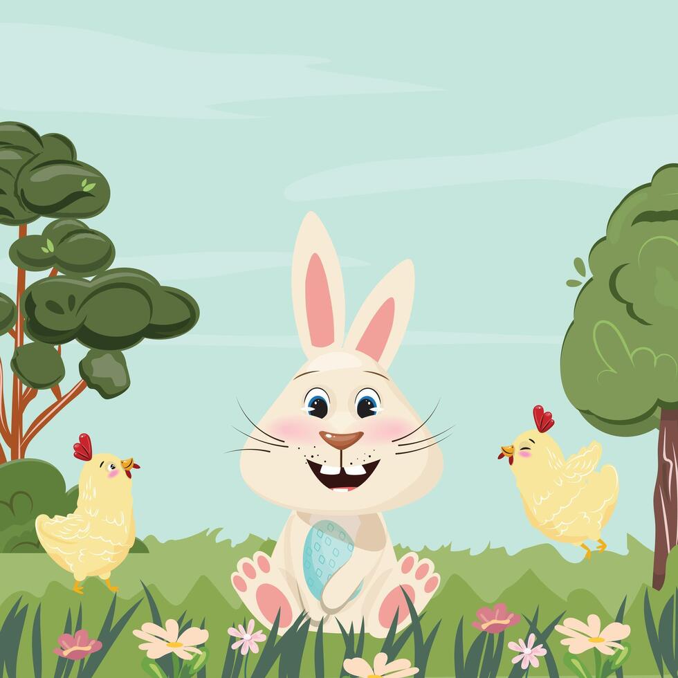 Sunny Easter Bunny Holding Easter Egg and  Cute Chicks walking around vector