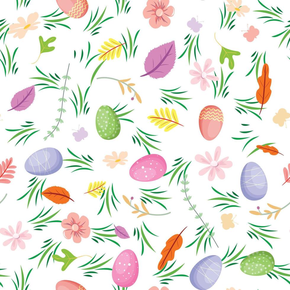 Easter seamless pattern with painted eggs, grass and flowers vector