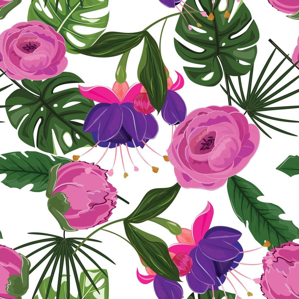 Tropical Pink Floral Delight. Seamless floral pattern with peony and fuchsia vector