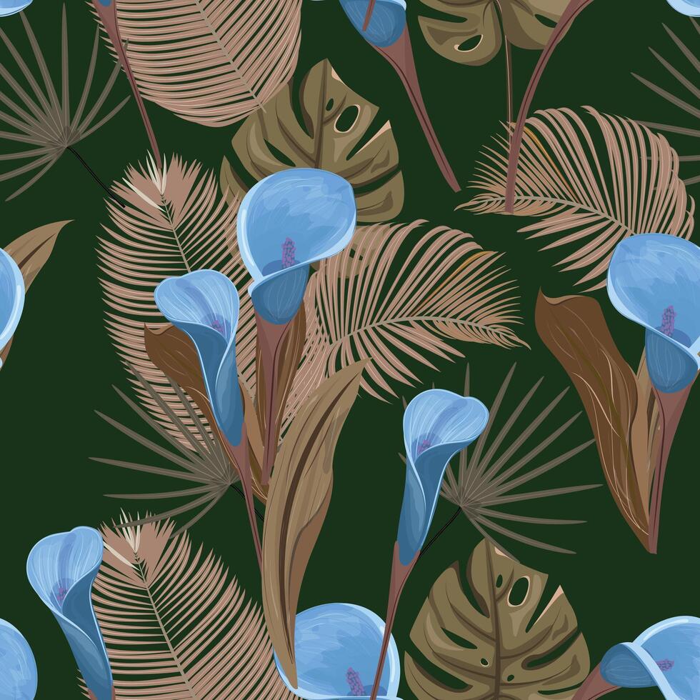 Seamless pattern featuring blue calla lilies and tropical golden brown leaves on deep green background. For textile, paper, wallpaper, surface vector