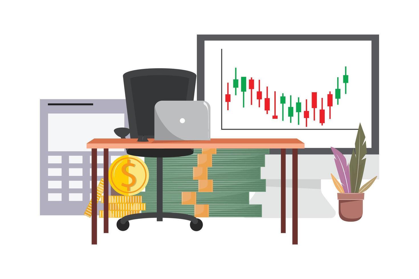 formación concepto en un moderno oficina ajuste con grande monitor y efectivo en el antecedentes vector