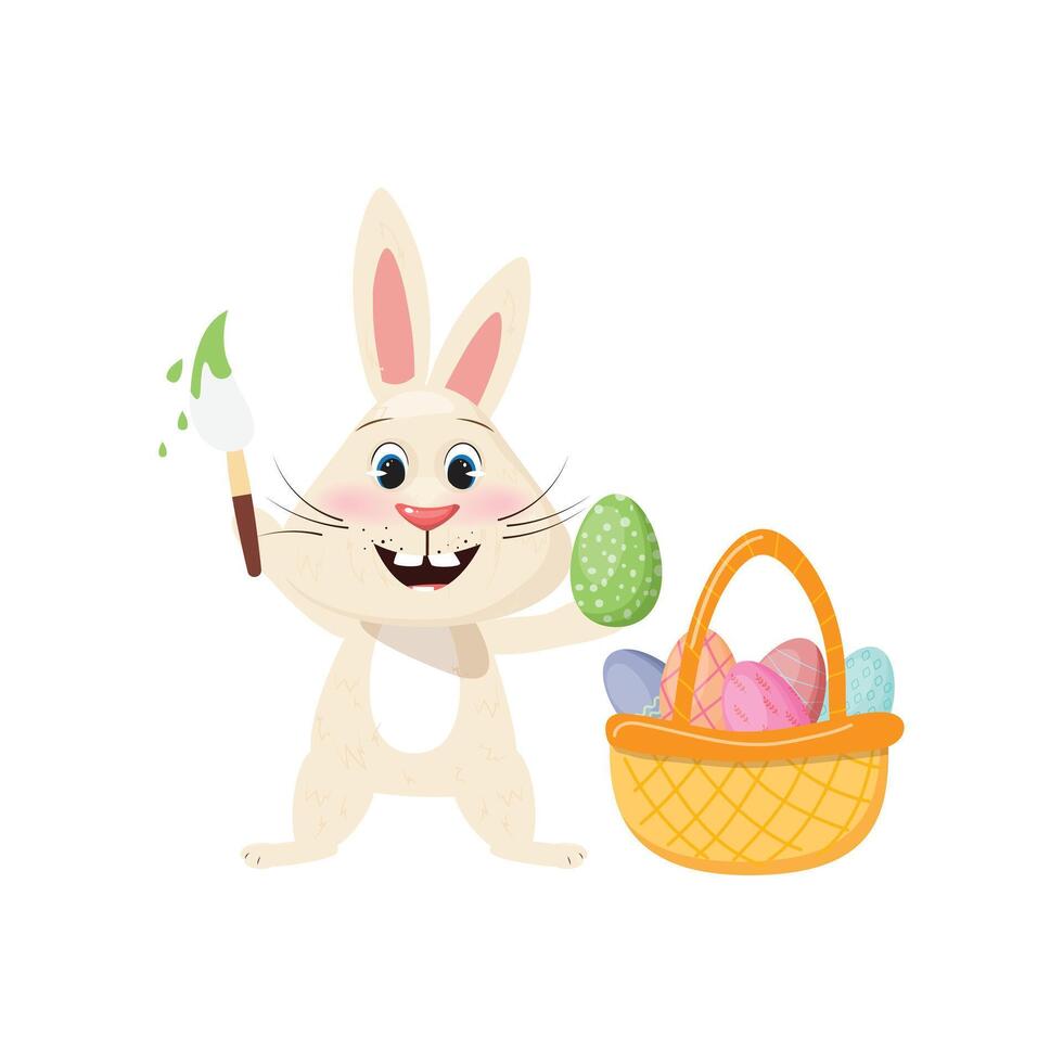 Pascua de Resurrección conejito pintura fiesta, cesta lleno con pintado huevos siguiente a él vector