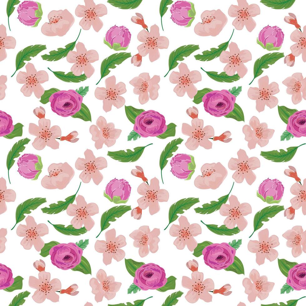 Floral Seamless Pattern with Flower heads and leaves vector