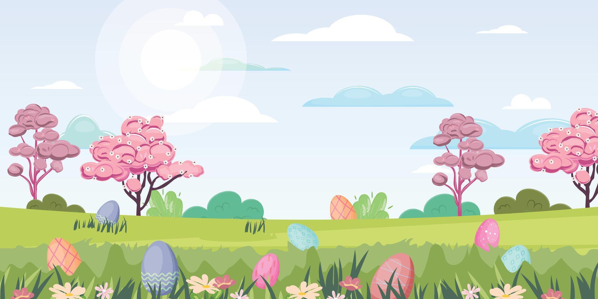Sunny Easter outdoor illustration, green lawn with hidden easter eggs vector