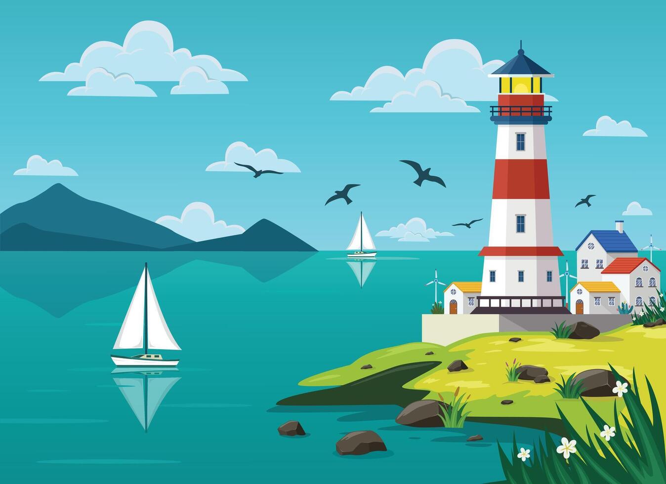 Lighthouse on rock stones island landscape, Mercusuar tower illustration in flat style vector