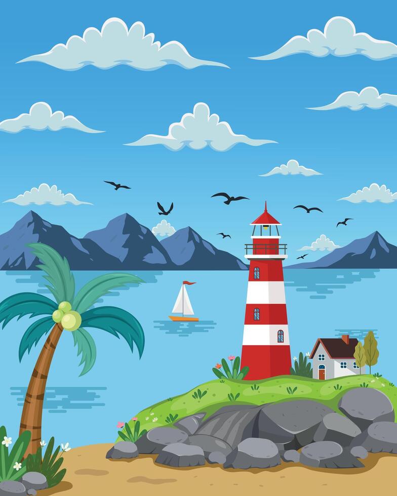 Lighthouse on rock stones island landscape, Mercusuar tower illustration in flat style vector