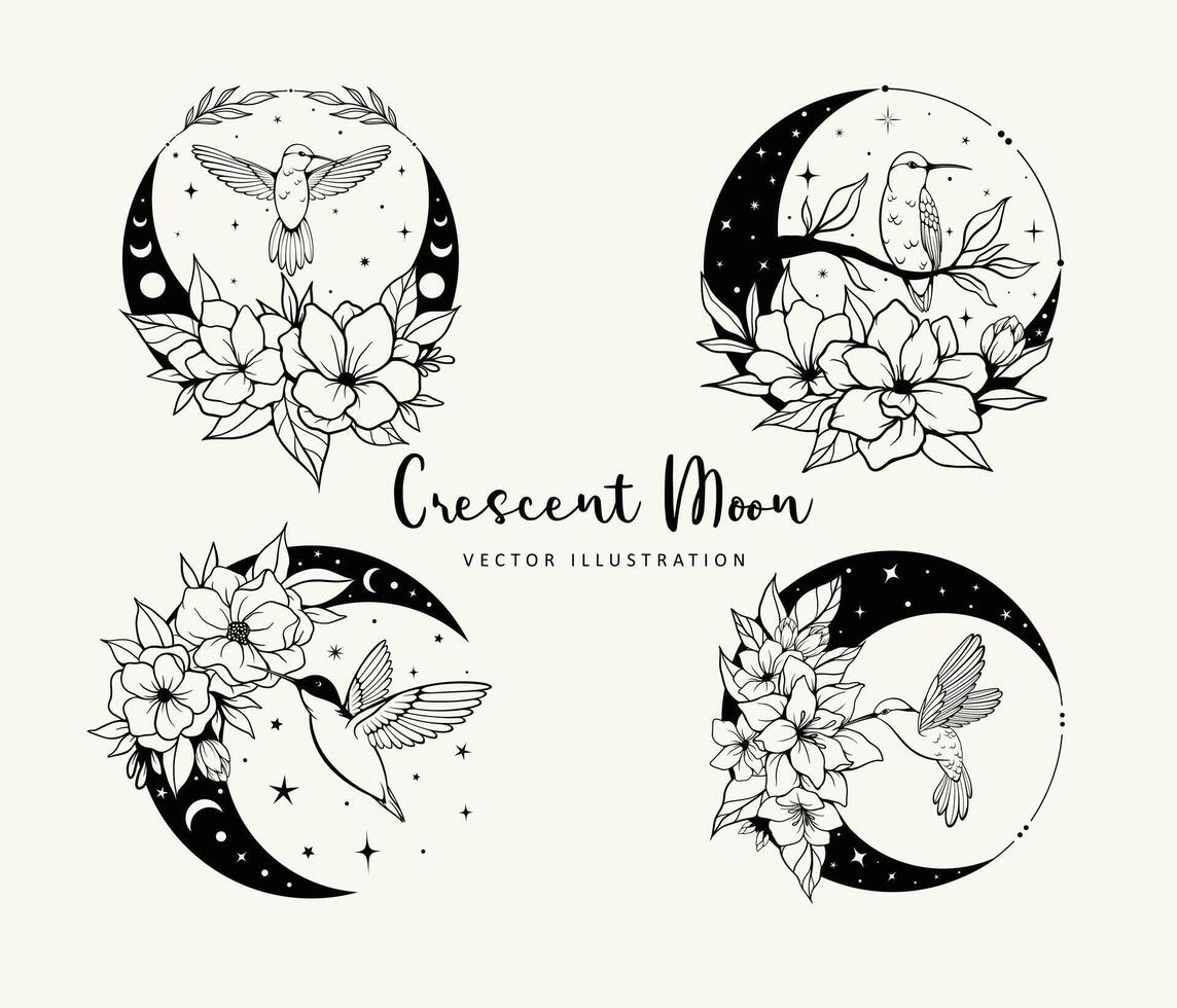 Hummingbird and crescent moon illustration vector