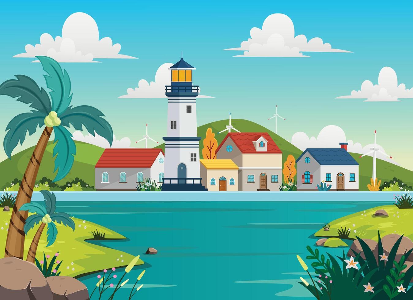 Lighthouse on rock stones island landscape, Mercusuar tower illustration in flat style vector
