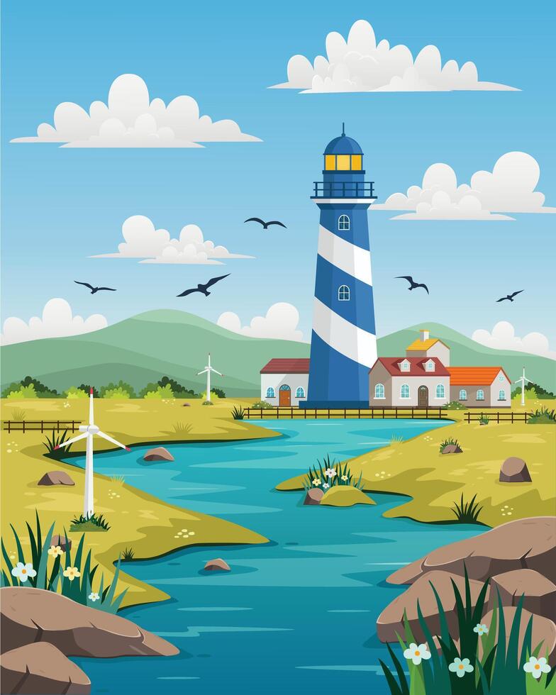 Lighthouse on rock stones island landscape, Mercusuar tower illustration in flat style vector