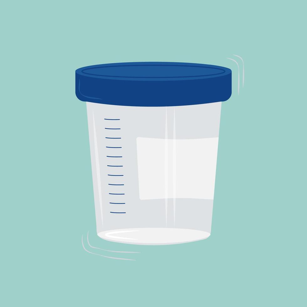 Plastic empty tube for analysis. Taking urine, feces. Icon. Container with a red lid. Vector cartoon illustration.