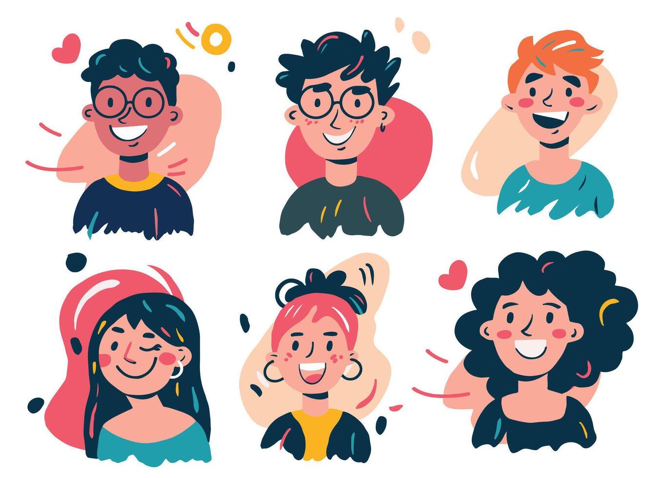 set of funny portraits of young men and women, illustration in cartoon style. trendy colors and abstract spots vector